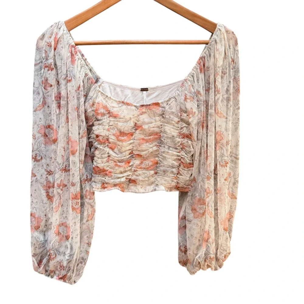 Free People Lilia Crop Top Womens Peach Cottage Mesh Balloon‎ Sleeve Festival M
